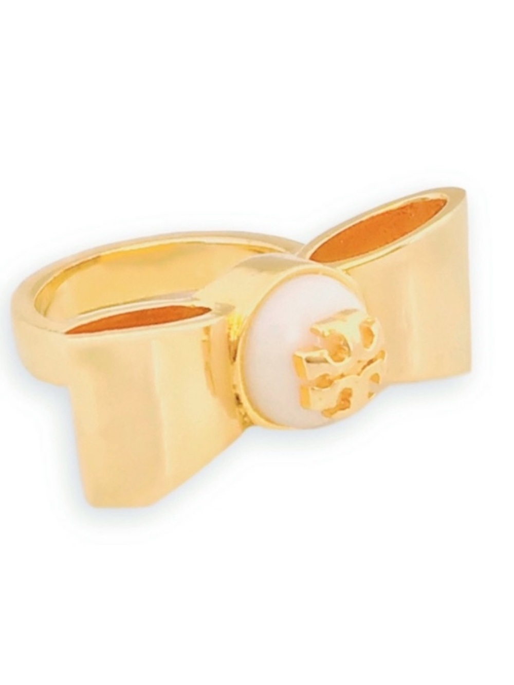 Tory Burch Gold Bow Ring with White pearl & Logo